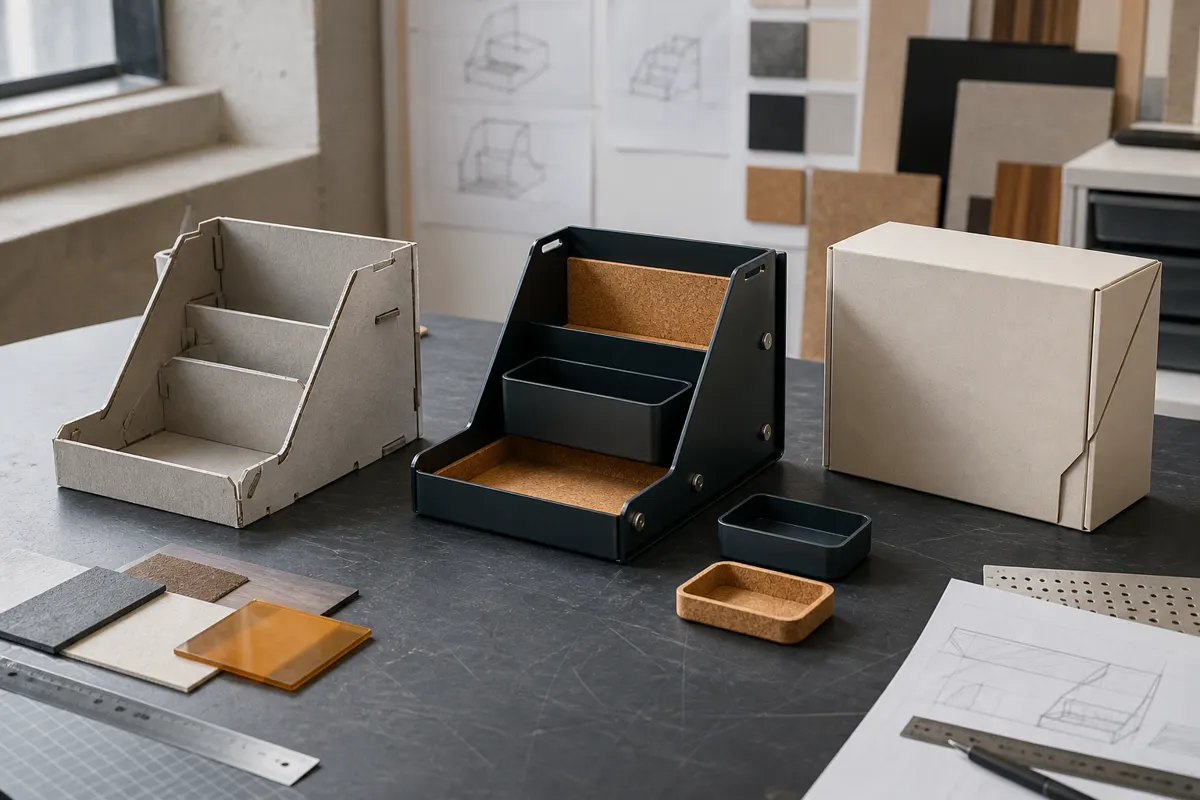 Hypothetical desk organiser shown as a cardboard study, a metal and cork prototype and plain packaging.