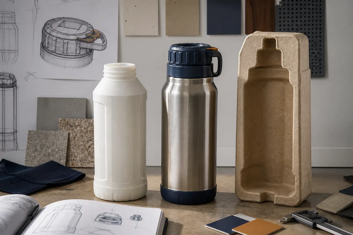 Hypothetical outdoor bottle shown as a 3D-printed study, a steel prototype and molded-pulp packaging.