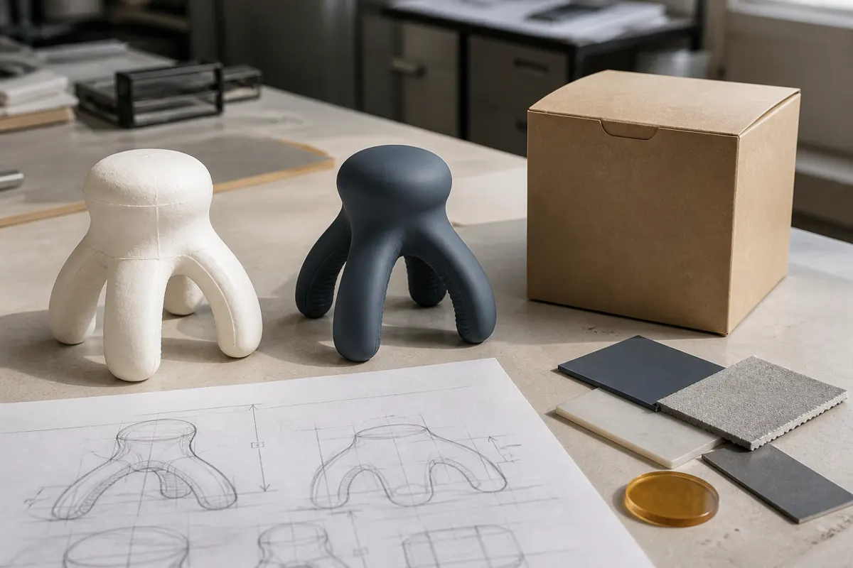 Hypothetical wellness accessory shown as a foam form model, a refined silicone prototype and plain packaging.