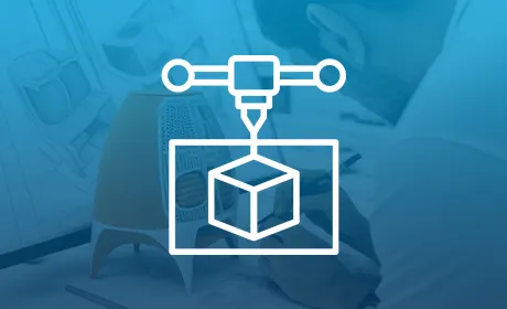 Prototype service graphic over a product designer reviewing a physical sample.